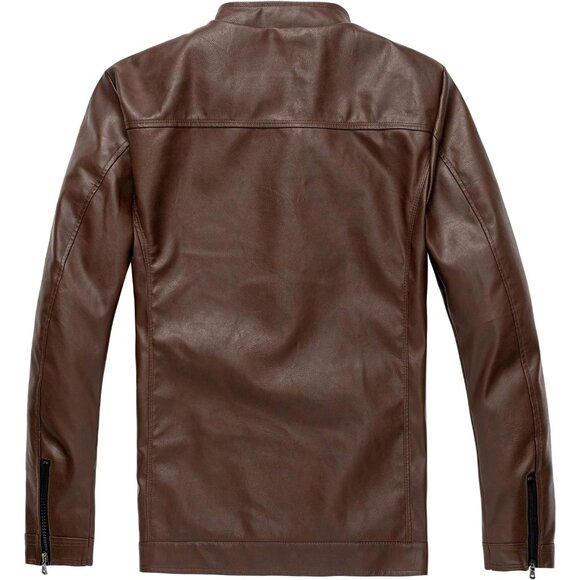Brand New Men's Brown 1303 Leather Jacket Moto Biker Stand Collar Zip - Picture 2 of 7